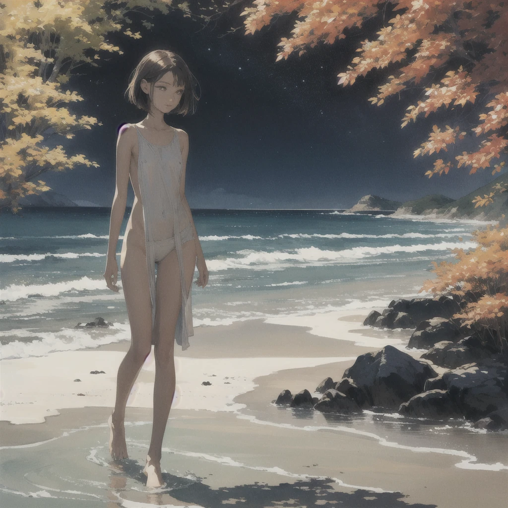 alone in the universe, Paint in watercolor style, Photorealism, discreet golden and ruby and mint shades, (nude) a gentle, modest, thin girl of with a very beautiful, exquisite face of the southern type with a short hairstyle with tender nipples walks barefoot in the distance along the coast