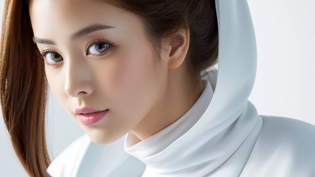 (detailed face),VIVID,pretty,turtle neck white silky kimono sleeves,4k ,super high resolution ,(photo-realistic: 1.7),white background,long hair,