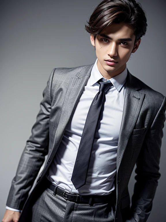 Young arabian man wearing grey shirt and tie looking at camera., Well-maintained model, Modern haircut, Adolescent male, Medium length young man, short hair on the head, award-winning style, Straight Hair, Beautiful young model, head shot photograph, Brown hair with a side part, Cute young man, head shot