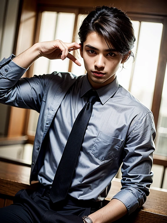 Young arabian man wearing grey shirt and tie looking at camera., Well-maintained model, Modern haircut, Adolescent male, Medium length young man, short hair on the head, award-winning style, Straight Hair, Beautiful young model, head shot photograph, Brown hair with a side part, Cute young man, head shot