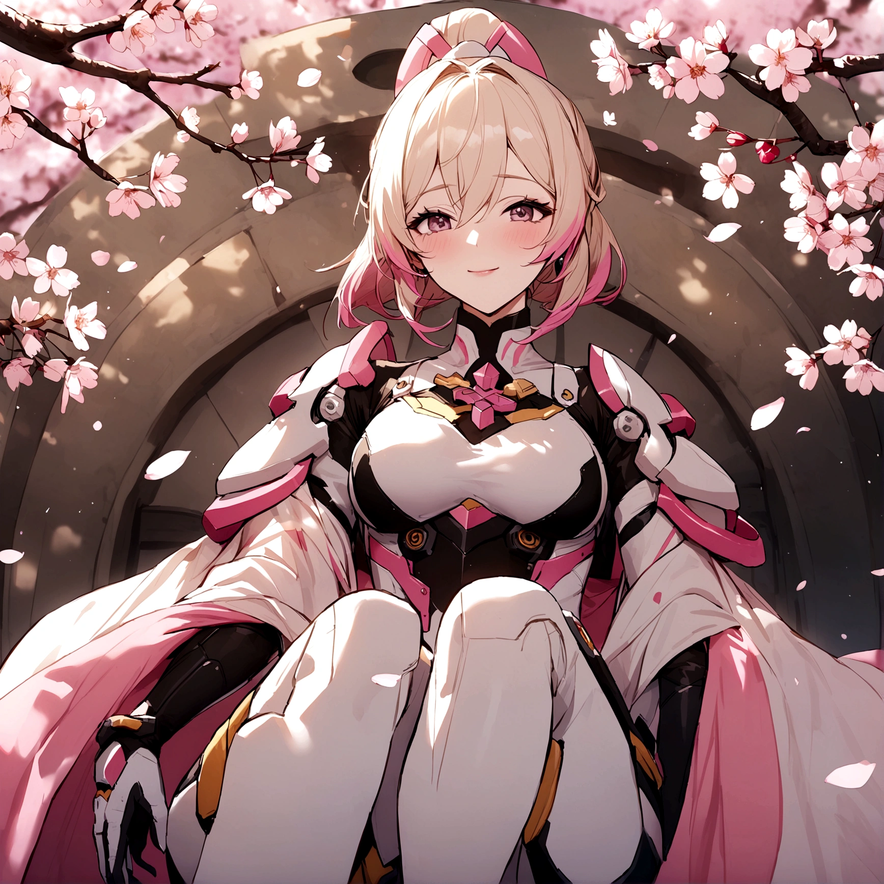 Pink mercy from overwatch surrounded by cherry blossoms