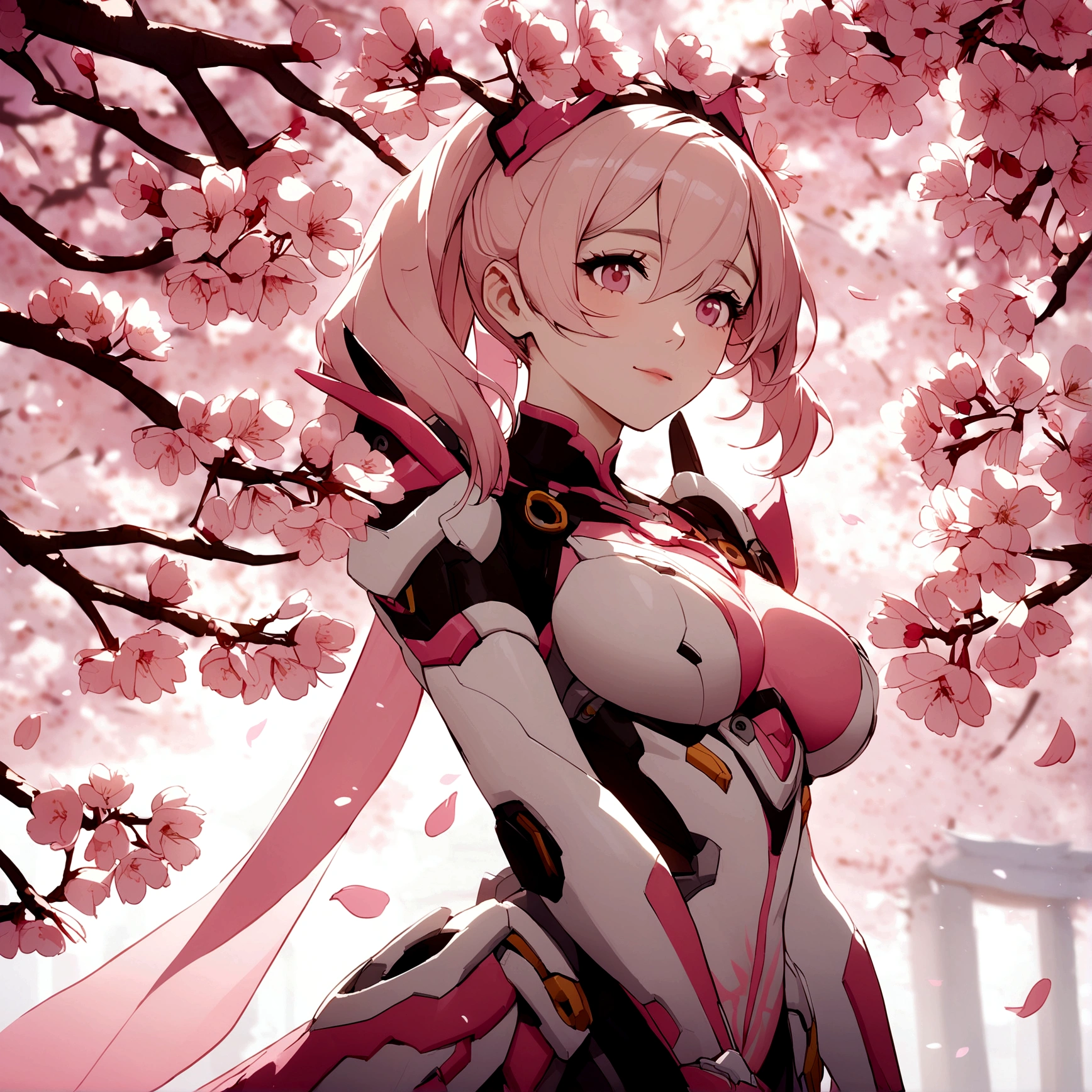 Pink mercy from overwatch surrounded by cherry blossoms