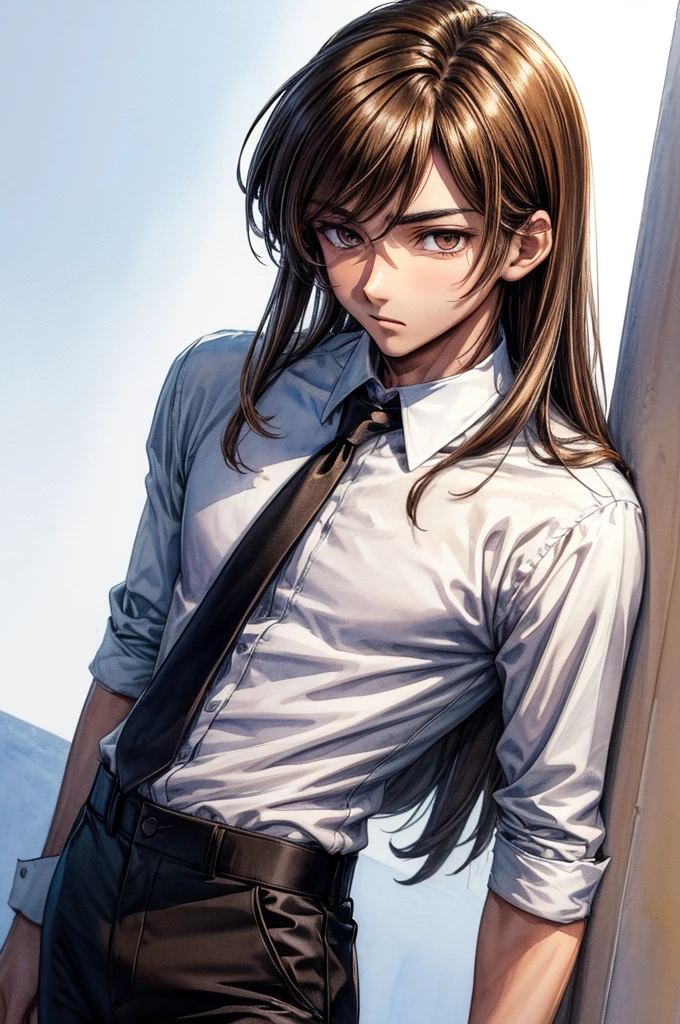 ((Sketch)), ((Watercolor)),((best quality)) ((best quality)), ((masterpiece)), (detailed), 4k image, anime style, handsome young age man, shoulder length hair brown hair. golden brown eyes, lean and slim physique, exceedingly handsome facial features, black skinny pants, formal white shirt, light brown skin