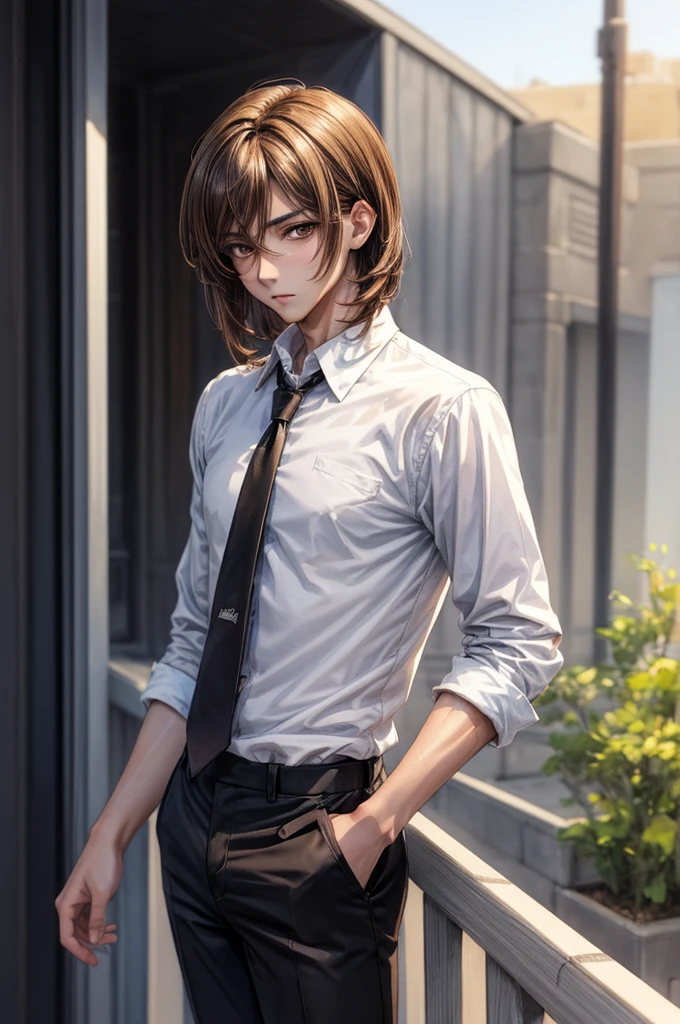 ((Sketch)), ((Watercolor)),((best quality)) ((best quality)), ((masterpiece)), (detailed), 4k image, anime style, handsome young teenage man, shoulder length hair brown hair. golden brown eyes, lean and slim physique, exceedingly handsome facial features, black skinny pants, formal white shirt, light brown skin