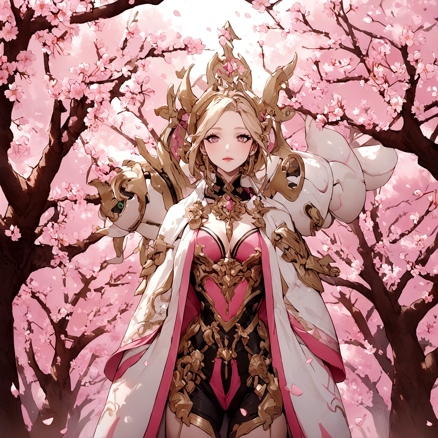 Pink mercy from overwatch surrounded by cherry blossoms