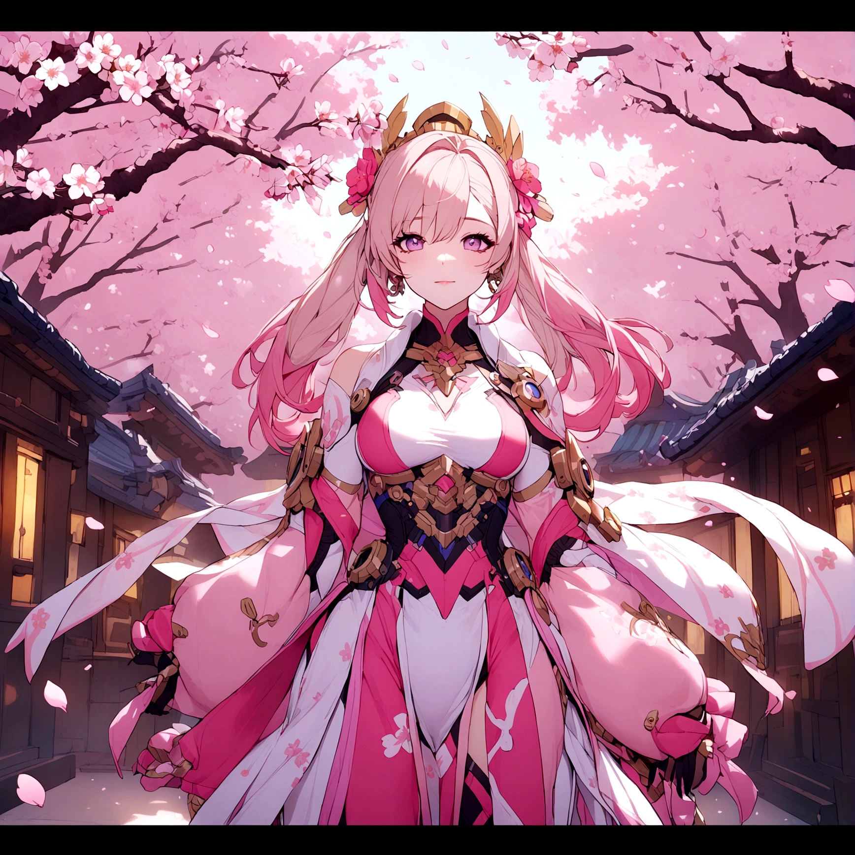 Pink mercy from overwatch surrounded by cherry blossoms