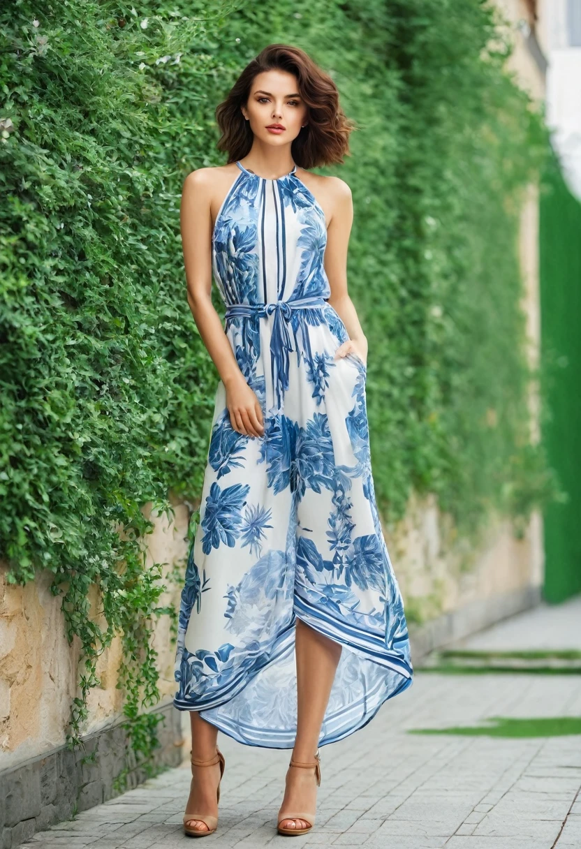 , Beautiful attractive woman , stand up, unique modern summer style, full-length 