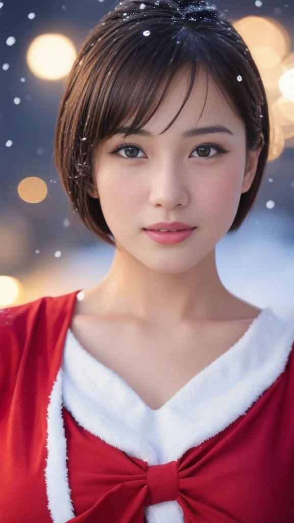 1girl, (santa claus costume slim fit:1.5), symmetry,(beautiful cute ultra young girl:2.0), (slender woman body:1.5), (ultra short hair:1.75), ultra big smile, (Beautiful large round droped detailed eyes:1.25), beautiful detailed lips, (extremely detailed beautiful face, natural makeup, Incredibly beautiful skin:2.0), (best quality,4k,8k,highres,masterpiece:1.75),(ultra-detailed,realistic,photorealistic,photo-realistic:2.0),professional,vivid colors,studio lighting,(snowing night town,christmas eve:1.25)