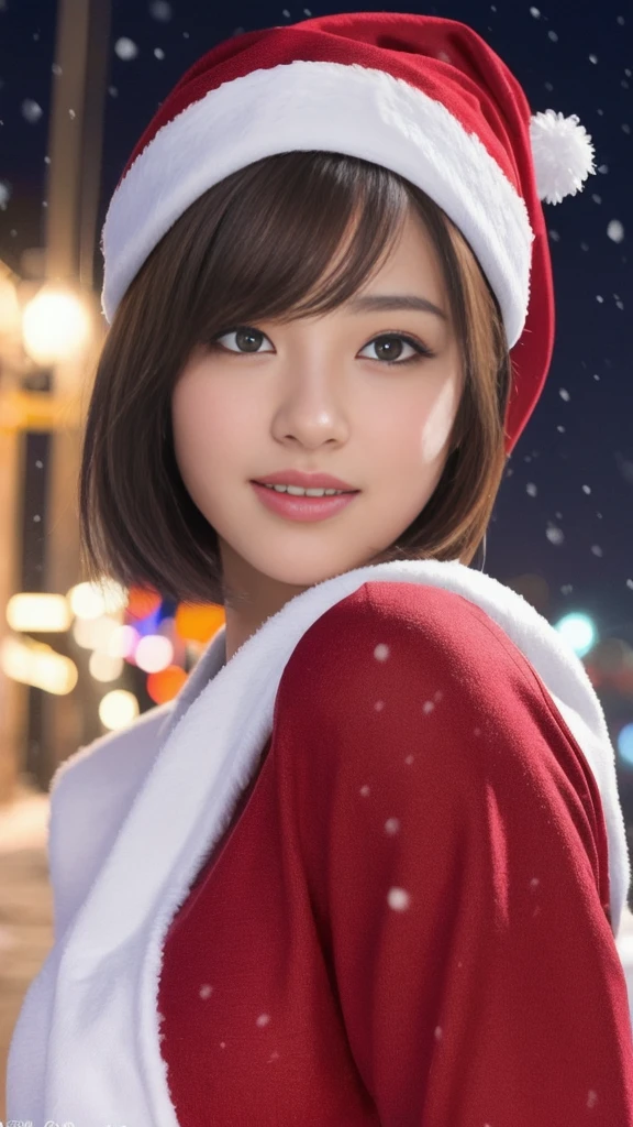 1baby fece girl, ultra young japanese girl, santa claus clothes and scart, slim fit, incredibly cute, very short hair, Big smile, ultra beautiful detailed eyes, beautiful detailed lips, extremely detailed face, long eyelashes, innocent, artless, natural makeup, best quality, 4k, 8k, highres, masterpiece, ultra-detailed, realistic, photorealistic, photo-realistic, professional, vivid colors, studio lighting