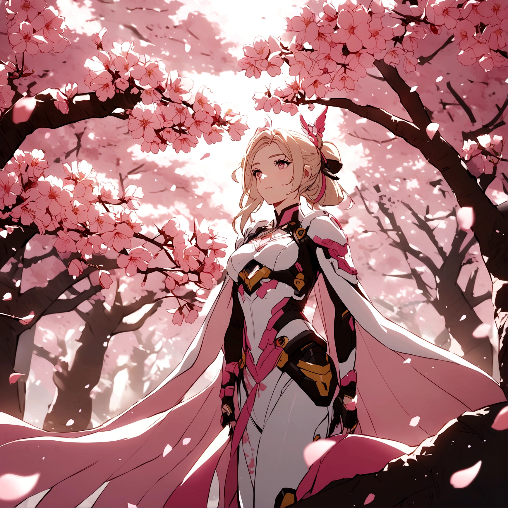 Pink mercy from overwatch surrounded by cherry blossoms