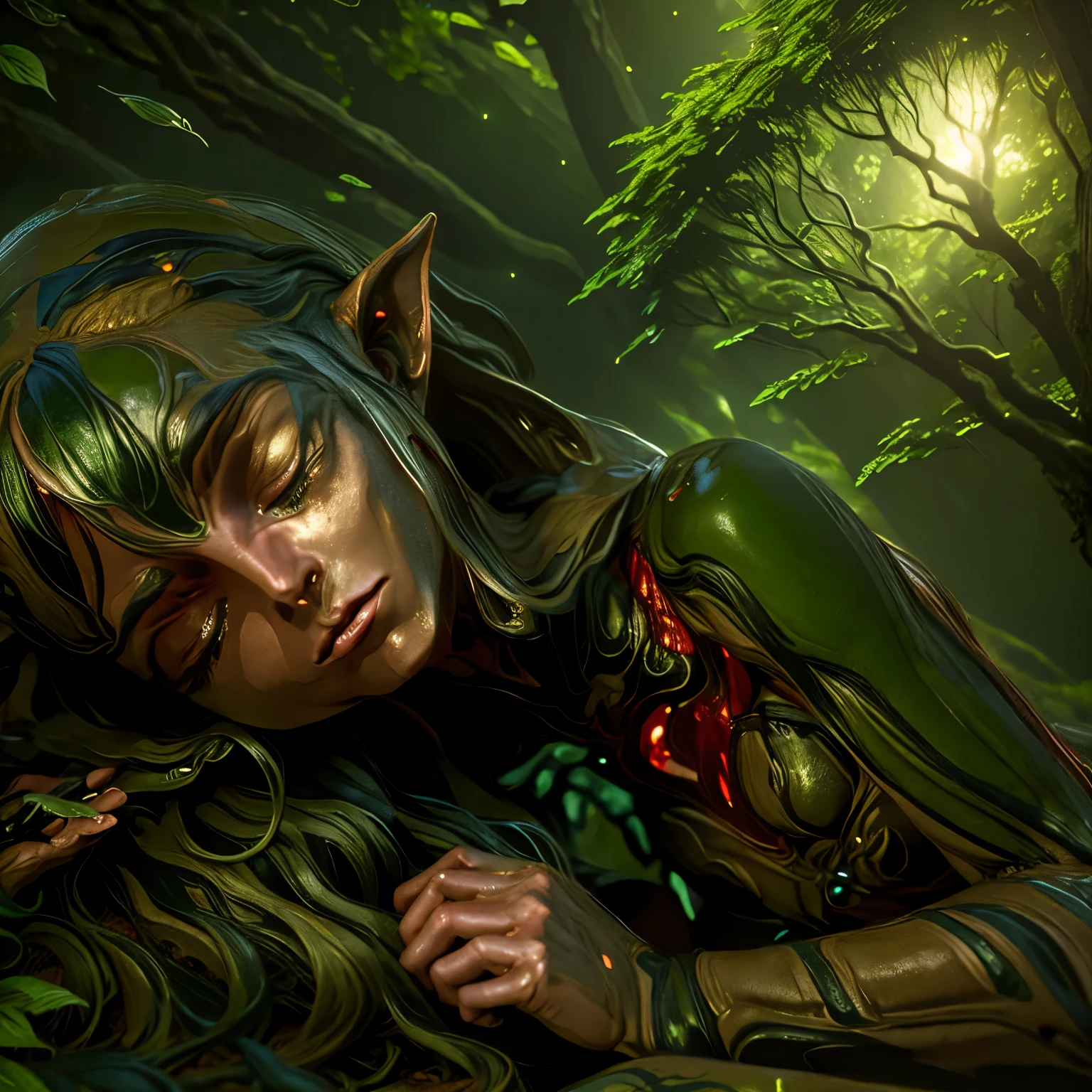 Forest Sprite, Resting in nature, Dreamy Woodland, Whimsical Foliage, Nene Thomas, Sleeping in the Forest - Elf Guardian, The Dreaming Fairy, Macro view, Mystical perspective, backlit, Close-up shot, Forest Sprite sleeping on grassland, Blending with nature, Peaceful serenity, Dreaming under the stars, The Jungle Book, Avatar,spriggan,hulgar,dryad,green skin,