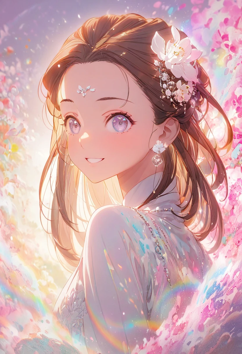 ((masterpiece)), Very detailed,(((ultra detailed face))),best quality, 8k, (柔Light), Light, 1 lady, facing the camera,brown hair, ((forehead)),elegant, Comfortable, Clean and detailed anime art, Trending on artstart, rainbow colors, milky white,  illuminate warmly, Soap, (pink and white theme),big smile,sanctuary