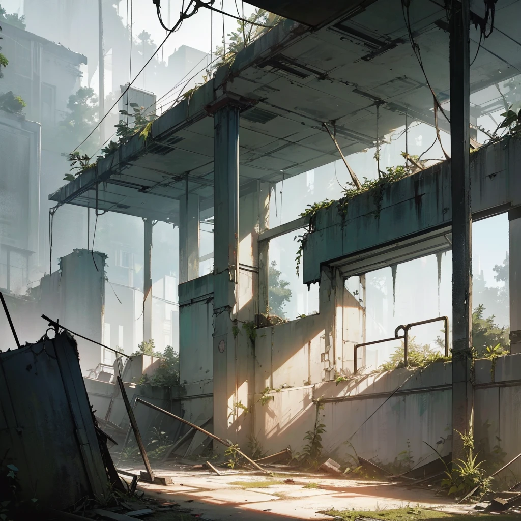 a decaying abandoned old military base, overgrown with vegetation, crumbling concrete structures, rusty metal, shattered windows, sunlight filtering through the decay, eerie atmosphere, cinematic lighting, dramatic shadows, muted color palette, gritty realism, highly detailed, 8k, photorealistic