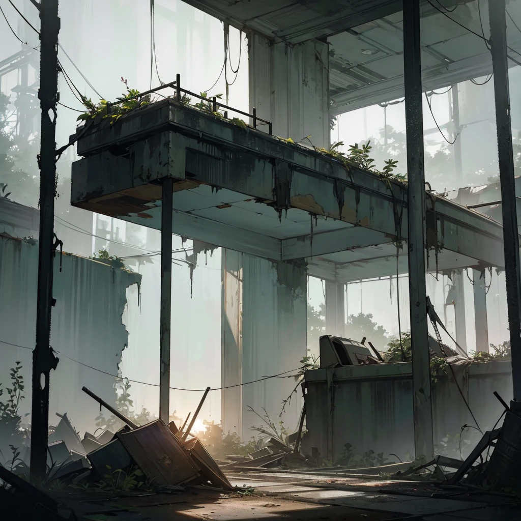 a decaying abandoned old military base, overgrown with vegetation, crumbling concrete structures, rusty metal, shattered windows, sunlight filtering through the decay, eerie atmosphere, cinematic lighting, dramatic shadows, muted color palette, gritty realism, highly detailed, 8k, photorealistic