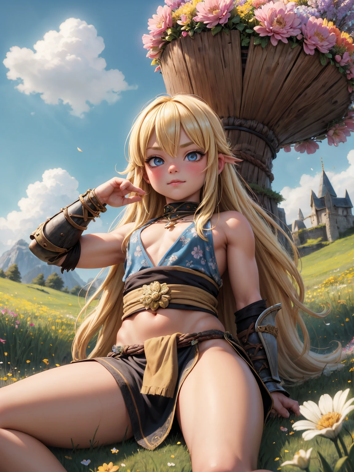 Create a fantasy image of a blonde, well-endowed barbarian warrior in a loincloth, sitting in a field of colorful flowers with a black tower in the background, absurd, high resolution, ultra-sharp, 8K, masterpiece, looking at the viewer,(((from below)))