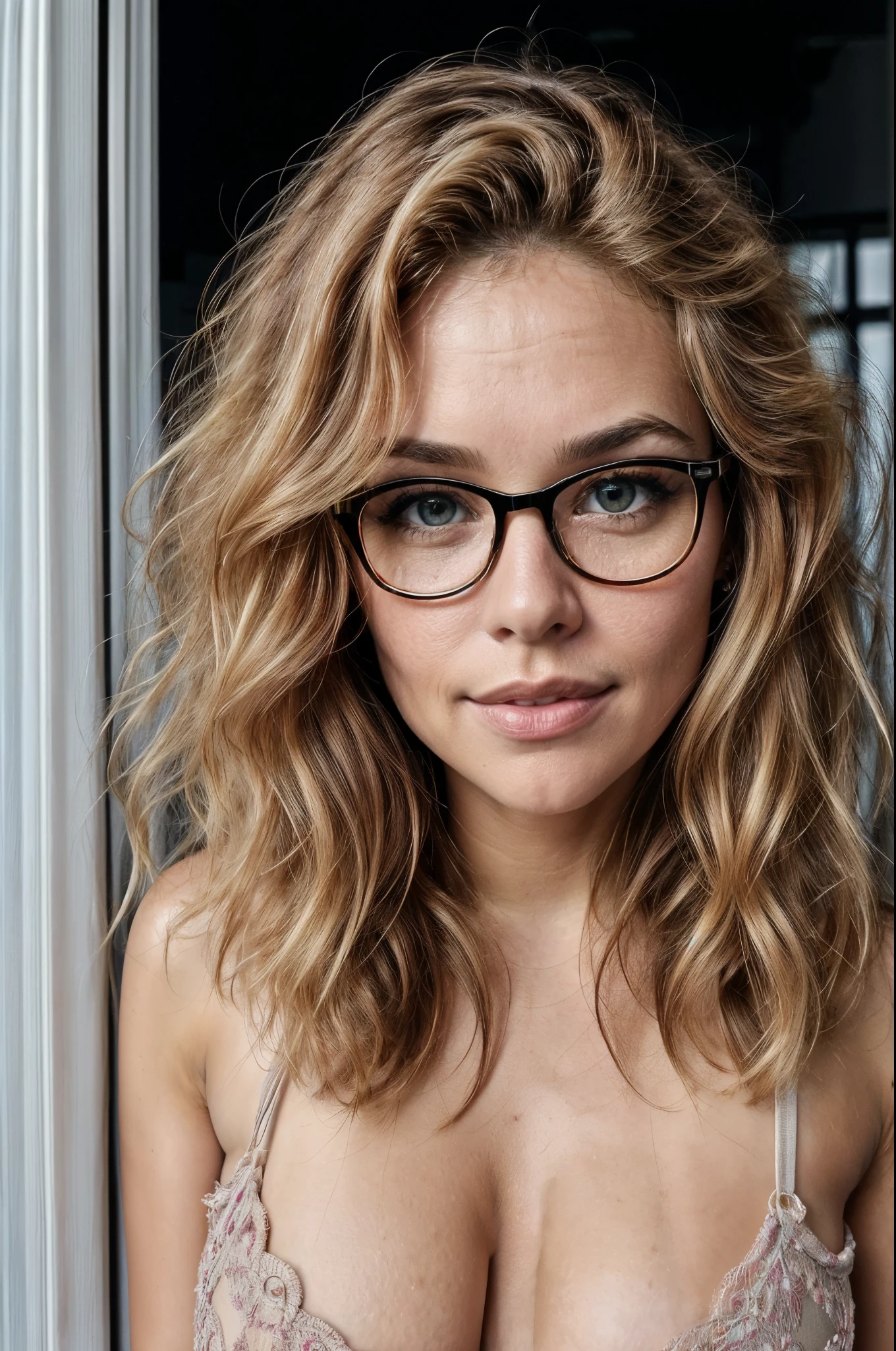 RAW photo, taking a selfie, (Beautiful Mid-twenty Latin Brazilian Mommy Woman), (Suntan_Skin), (Athletic_Muscle_Body), (Gorgeous Long Blonde Hair Bangs), (Fleshy_Luscious_Lips), Glasses, y, naughty face, Looking at Viewer, (high detailed Skin:1.3), (Cleft_Chin), beautiful detailed eyes, (Full_Body), (wearing Tank Top Shirt and Shorts denim), (in_Home_BedRoom), 8k uhd, dslr, soft lighting, high quality, film grain, Fujifilm XT3, (maximalist photo 8k resolution, intricately detailed, complex, elegant, expansive, fantastica), high quality, hollywood lips, wide jaw line, wide lips, narrow beautiful nose