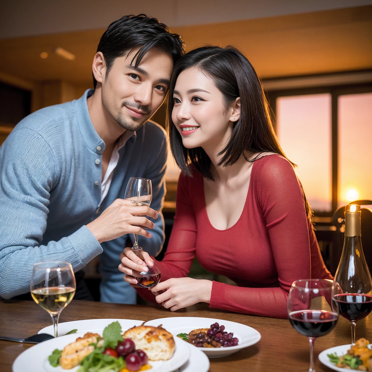 ((Highest quality、8k、masterpiece:1.3))、 (Genuineistic, Genuine、Bright image、Intricate details:1.2), Best smile 1 man 1 woman、Beautiful Couple、Lovers、Relatives and friends、actress couple、couple、Model Couple、Smile、A full-course dinner with a full table、テーブルにwine glass、 (Slim face), (The body is slim), (Brown Hair), (short hair), Please shine a light on my face、 Amazing view of the sunset sky and clouds、 (age 34), 38 years old, red wine 、Appetizers、Wine bottle、sparkling wine、Long sleeve shirt、dress、White wine, red wine, wine glass,