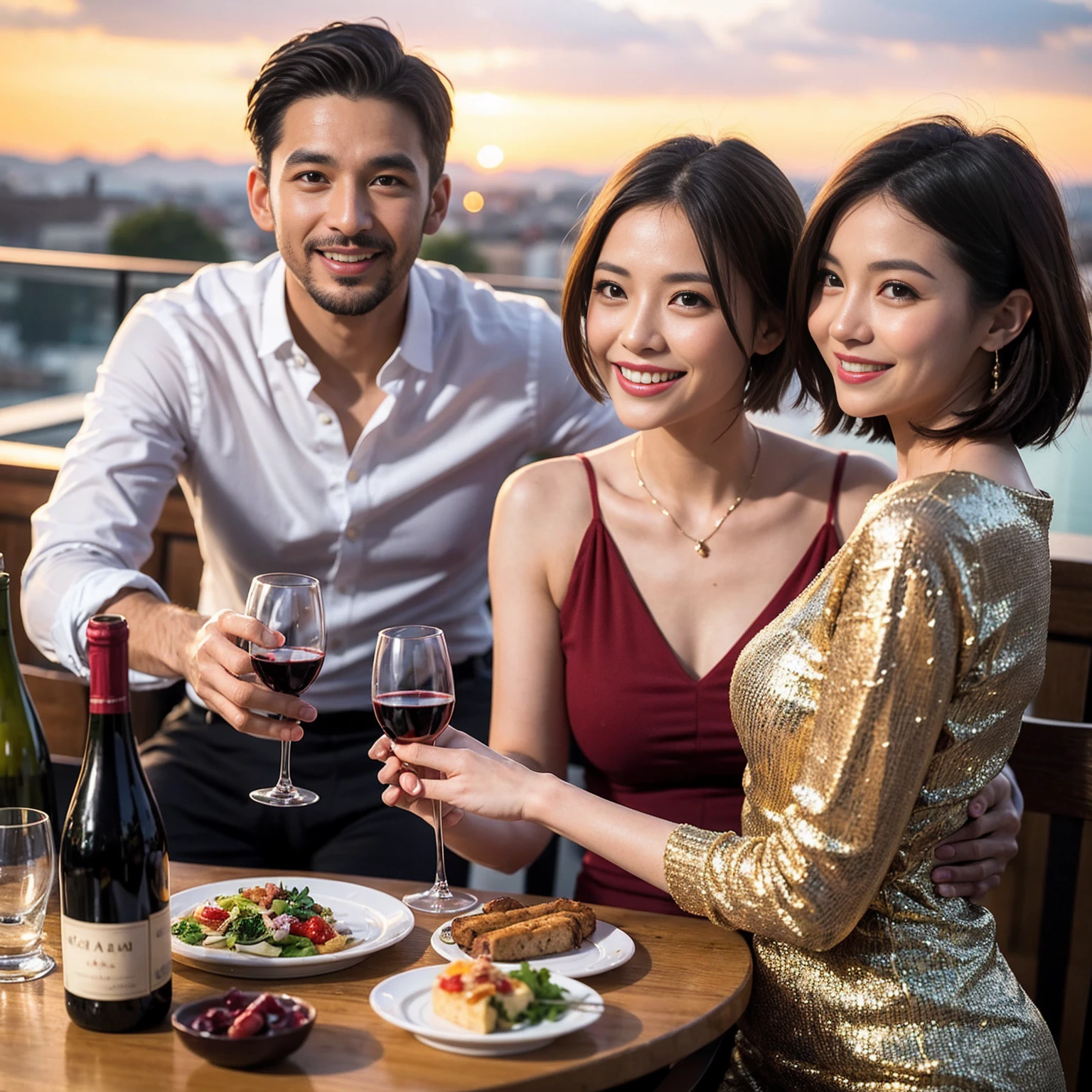 ((Highest quality、8k、masterpiece:1.3))、 (Genuineistic, Genuine、Bright image、Intricate details:1.2), Best smile 1 man 1 woman、Beautiful Couple、Lovers、Relatives and friends、actress couple、couple、Model Couple、Smile、A full-course dinner with a full table、テーブルにwine glass、 (Slim face), (The body is slim), (Brown Hair), (short hair), Please shine a light on my face、 Amazing view of the sunset sky and clouds、 (age 34), 38 years old, red wine 、Appetizers、Wine bottle、sparkling wine、Long sleeve shirt、dress、White wine, red wine, wine glass,