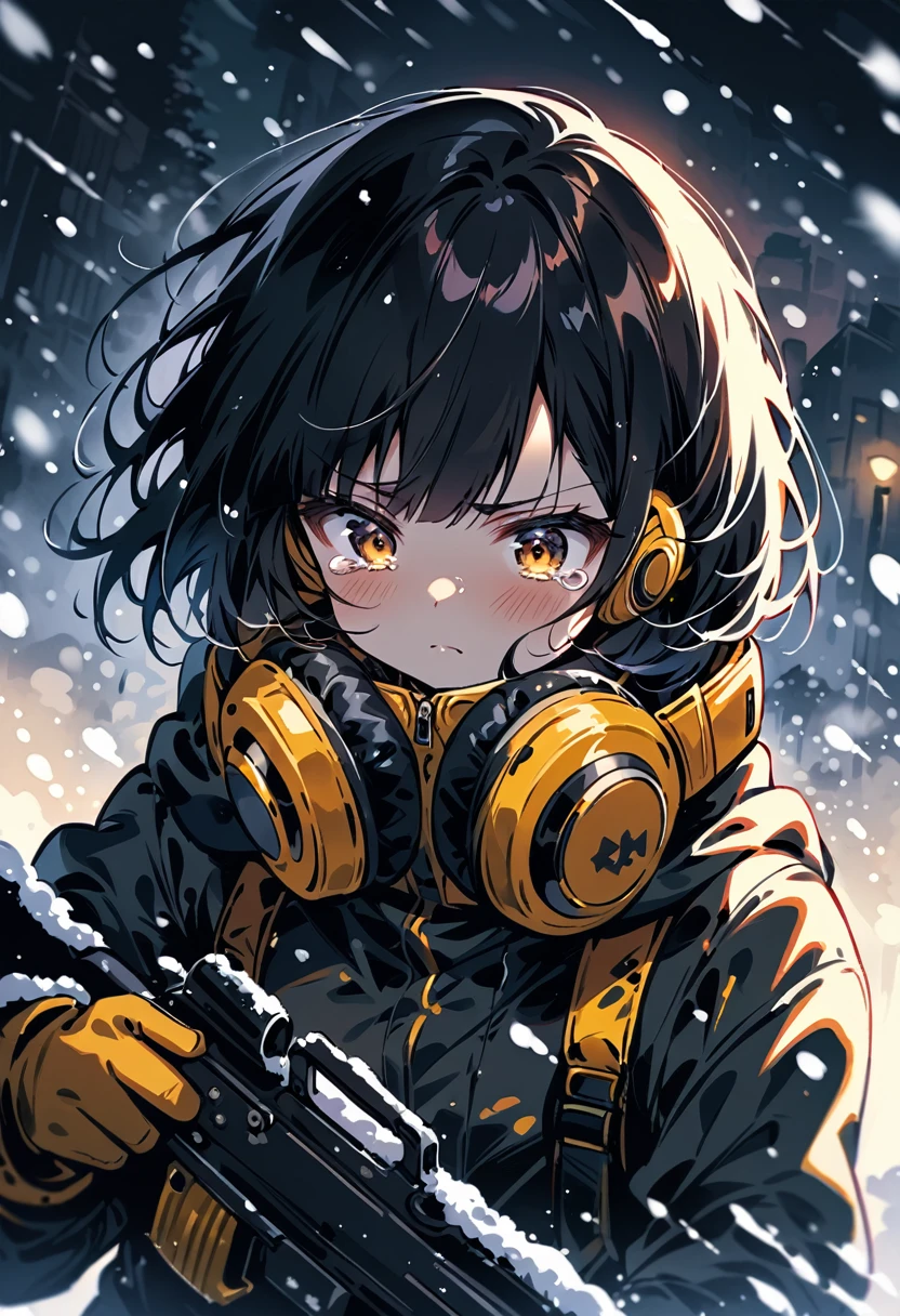 (extremely detailed fine touch:1.3), kawaii girl, (super very black short hair:1.3), (yellow glasses:1.3), underrim_metal, headphones, holding a rifle, falling snow, tearful, serious atmosphere, (snow:1.3)