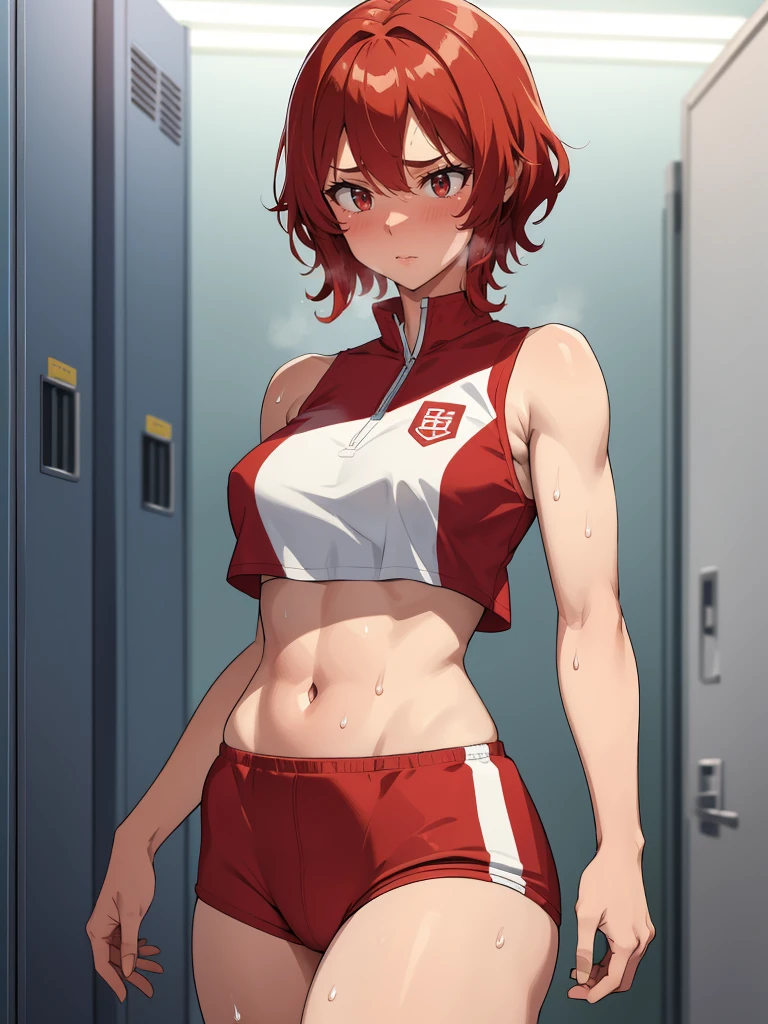 locker room、No background、Standing posture、Track and field athlete、Athletics Stadium、athlete、(1 female)、(Red hair、Short Hair、Shaggy Hair）、(Sleeveless track uniform、Racing Bloomer)、Ultra-detailed illustrations、Ultra-precision performance、masterpiece、Highest quality、超High resolution、High resolution、（(Embarrassed expression、Sweat、body fluid)）、Mommyfy、