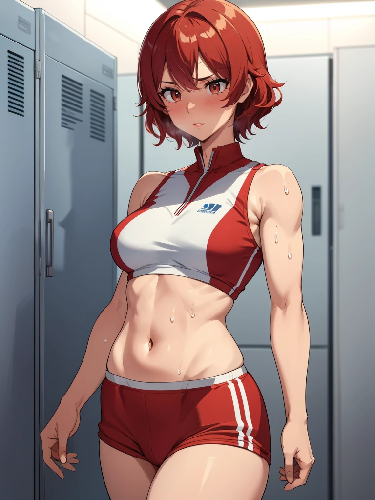 locker room、No background、Standing posture、Track and field athlete、Athletics Stadium、athlete、(1 female)、(Red hair、Short Hair、Shaggy Hair）、(Sleeveless track uniform、Racing Bloomer)、Ultra-detailed illustrations、Ultra-precision performance、masterpiece、Highest quality、超High resolution、High resolution、（(Embarrassed expression、Sweat、body fluid)）、Mommyfy、