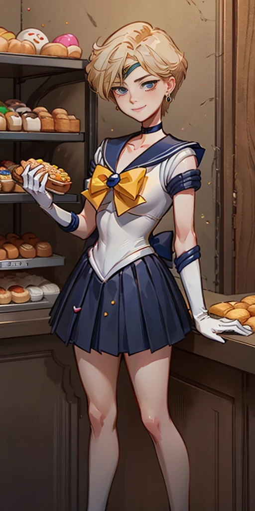 EPsmSailorUranus, short blonde hair, blue eyes, choker, earrings, blue sailor senshi uniform, yellow bow, blue skirt, white elbow gloves, looking at viewer, serious, smiling, standing, inside bakery, counter, holding box of donuts, sprinkles, high quality, masterpiece
