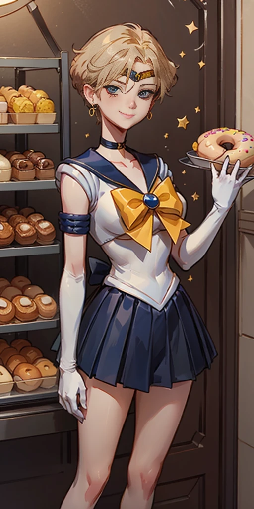 EPsmSailorUranus, short blonde hair, blue eyes, choker, earrings, blue sailor senshi uniform, yellow bow, blue skirt, white elbow gloves, looking at viewer, serious, smiling, standing, inside bakery, counter, holding box of donuts, sprinkles, high quality, masterpiece