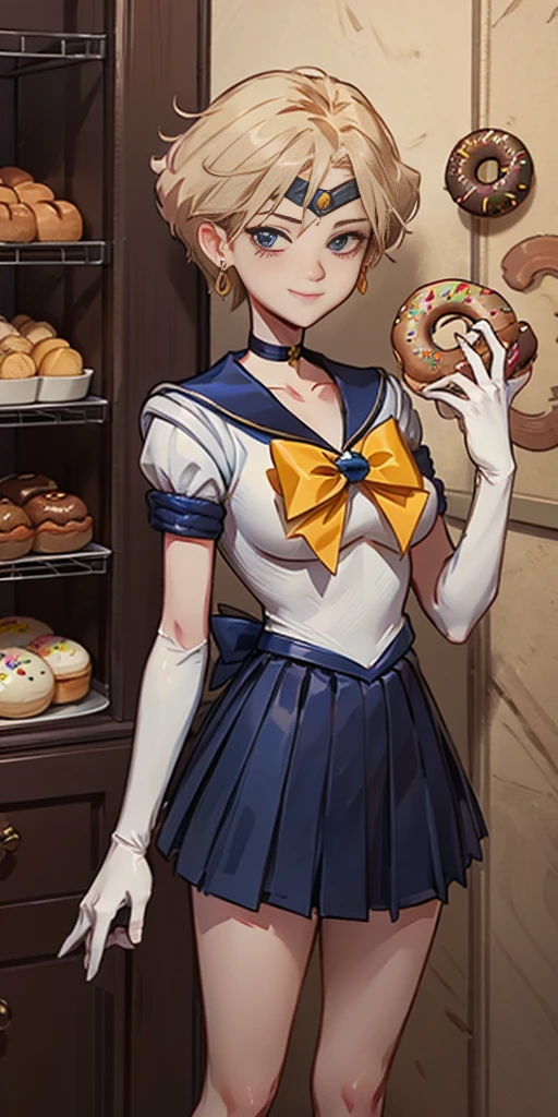 EPsmSailorUranus, short blonde hair, blue eyes, choker, earrings, blue sailor senshi uniform, yellow bow, blue skirt, white elbow gloves, looking at viewer, serious, smiling, standing, inside bakery, counter, holding box of donuts, sprinkles, high quality, masterpiece