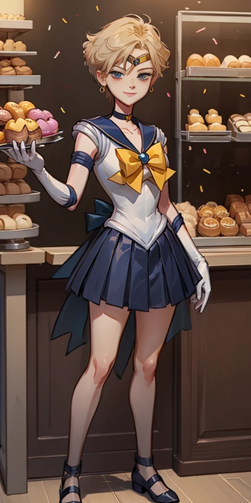 EPsmSailorUranus, short blonde hair, blue eyes, choker, earrings, blue sailor senshi uniform, yellow bow, blue skirt, white elbow gloves, looking at viewer, serious, smiling, standing, inside bakery, counter, holding box of donuts, sprinkles, high quality, masterpiece