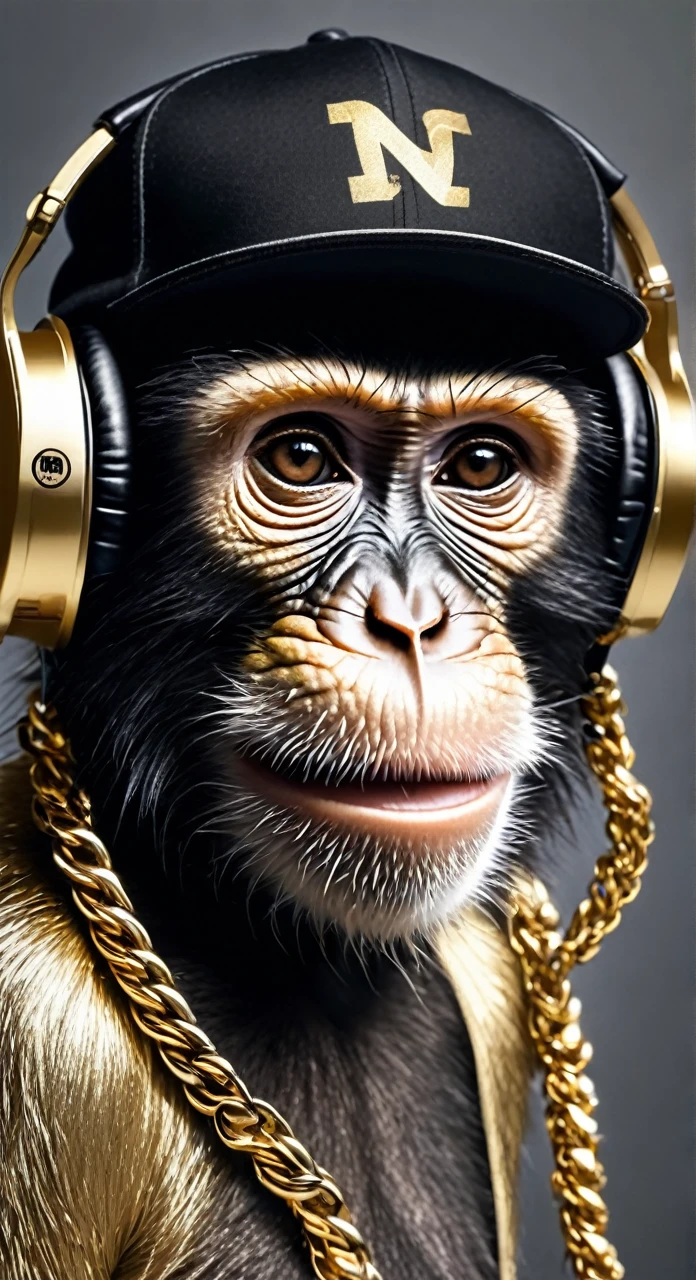 Monkey wearing a black cap,vestindo uma camiseta regata branca,wearing a gold chain around your neck listening to music on headphones.