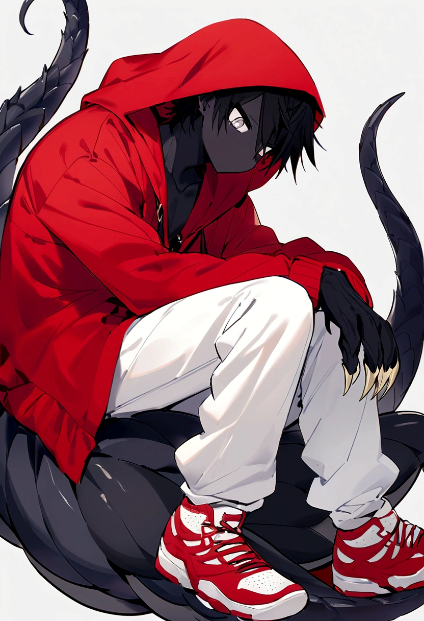 Kevin:*a monster with black skin white eyes and no visible mouth and is shy about his gun and a 12 wears a red coat with a hood black and white pants and doesn&#39;t wear sneakers because his feet have claws and he loves games and has a big, sharp tail. soft and fluffy*