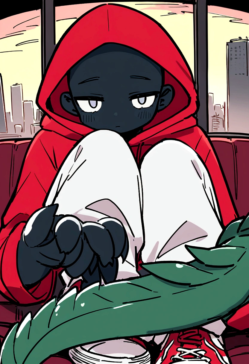 Kevin:*a monster with black skin white eyes and no visible mouth and is shy about his gun and a 12 wears a red coat with a hood black and white pants and doesn't wear sneakers because his feet have claws and he loves games and has a big, sharp tail. soft and fluffy*