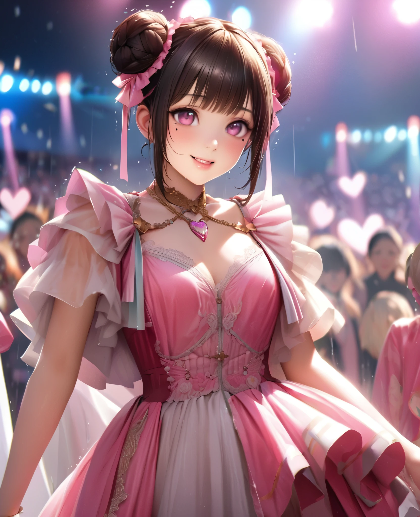 One Girl、Looking at the audience、lovely,
Beautiful pink eyes、Two brown double hair buns , Mole under the eye、Plump and glossy lips、Heart-shaped choca、Idol、Her name is Rico,smile、ー、。.。.。.。.。.。.。.。.。.。.。.。.。.。.。.。.。.。.3D、Realistic、
The idol's costume was soaked in the heavy rain, and her chest was wet and transparent.Heavy rain at outdoor concert, Drape clothes、gem、The decoration has been removed、Floral、Lace trim,On a glittering stage、
masterpiece、highest quality、8k、Detailed skin texture、Detailed cloth texture、Beautifully detailed face、Intricate details、Very detailed、
超A high resolution、8k Ultra HD、Film Grain、Best Shadow、delicate、Gazing at the audience、front