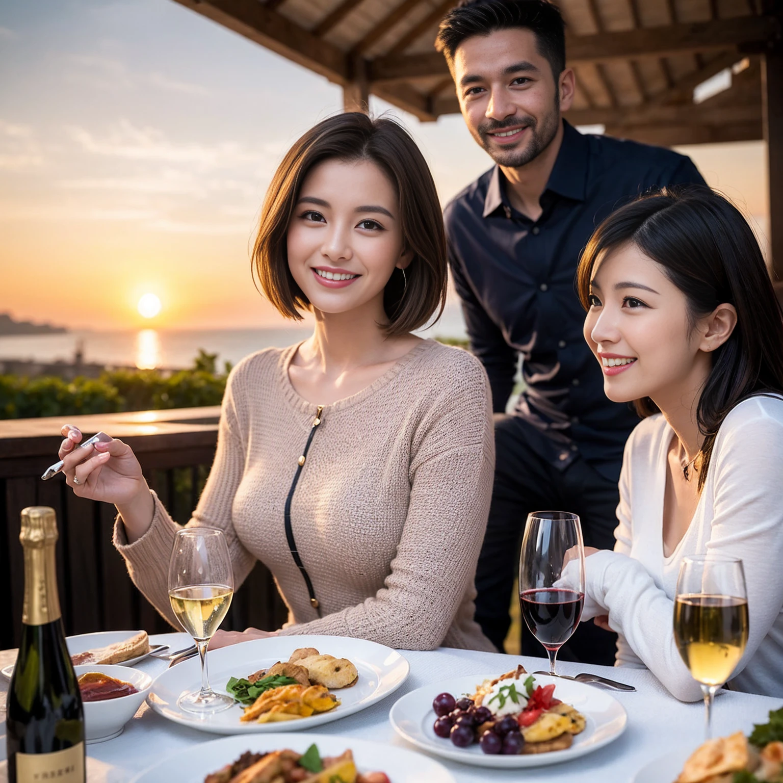 ((Highest quality、8k、masterpiece:1.3))、 (Genuineistic, Genuine、Bright image、Intricate details:1.2), Best smile 1 man 1 woman、Beautiful Couple、Lovers、Relatives and friends、actress couple、couple、Model Couple、Smile、A full-course dinner with a full table、テーブルにwine glass、 (Slim face), (The body is slim), (Brown Hair), (short hair), Please shine a light on my face、 Amazing view of the sunset sky and clouds、 (Age 40), 38 years old, red wine 、Appetizers、Wine bottle、sparkling wine、Long sleeve shirt、dress、White wine, red wine, wine glass, 