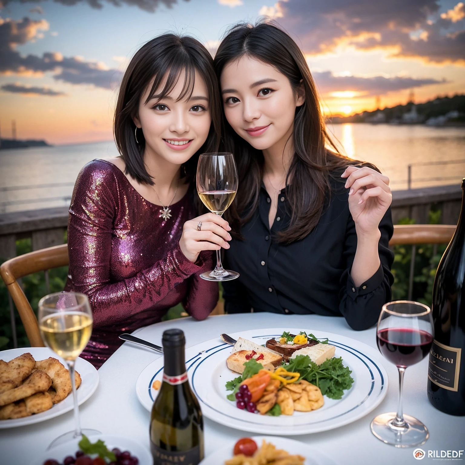 ((Highest quality、8k、masterpiece:1.3))、 (Genuineistic, Genuine、Bright image、Intricate details:1.2), Best smile 1 man 1 woman、Beautiful Couple、Lovers、Relatives and friends、actress couple、couple、Model Couple、Smile、A full-course dinner with a full table、テーブルにwine glass、 (Slim face), (The body is slim), (Brown Hair), (short hair), Please shine a light on my face、 Amazing view of the sunset sky and clouds、 (Age 40), 38 years old, red wine 、Appetizers、Wine bottle、sparkling wine、Long sleeve shirt、dress、White wine, red wine, wine glass,