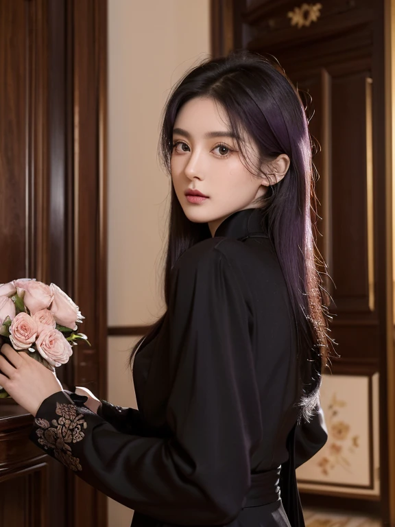 Gender (Woman) Age (23) Hair (Violet) eyes (Doe eyes, chocolate) Atribute (with Flowers) bacground picture (luxurious work space with wood carvings) Appearance (wearing elegant black clothes, no hat) Abilities (Have black magic) Picture (The photo only shows half the body) Backstory (A famous woman with the surname Rosier, famous throughout Paris because her family was an expert in black magic)