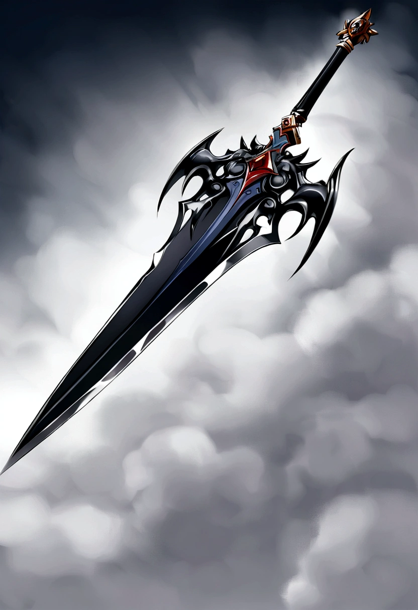A large, legendary sword with airy details. A curved sword with a dark blue blade, quase negra, that seems to be always surrounded by a cold fog. The handle is simple, mas firme, feito de um metal frio ao toque.
A Espada da Tempestade Invernal 