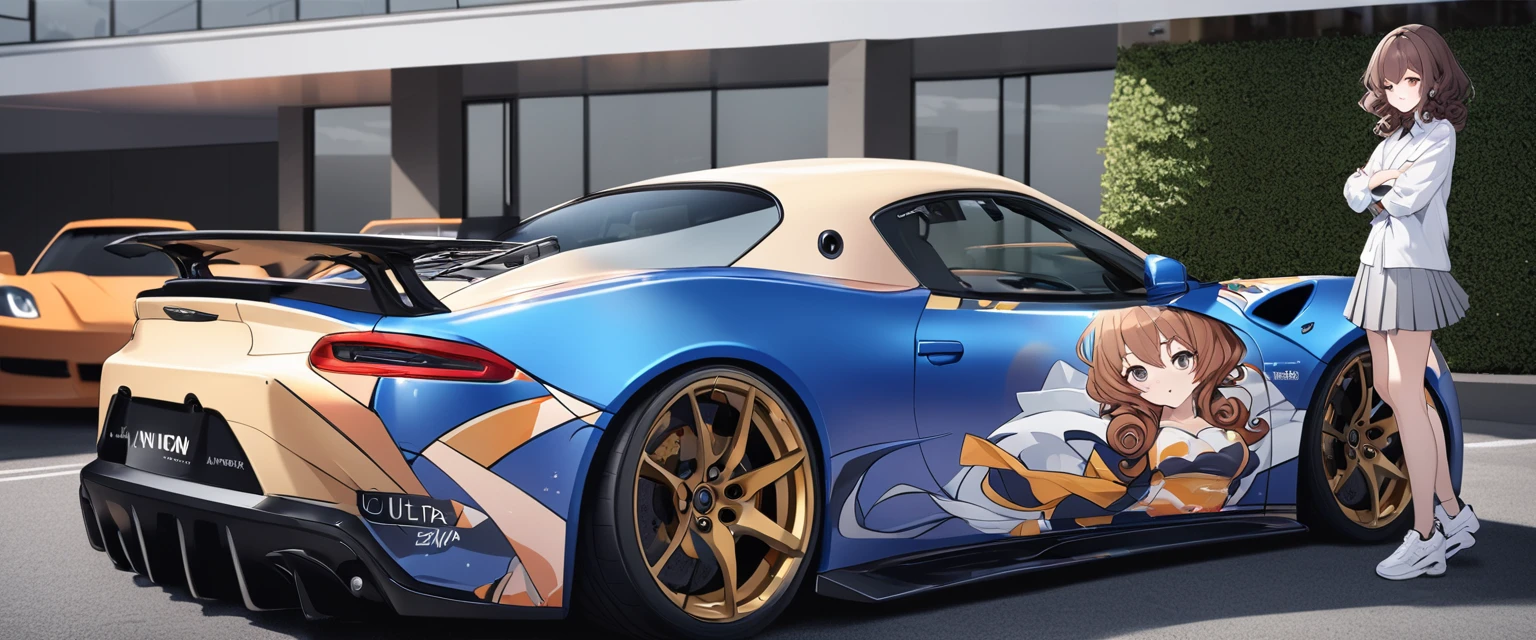 (Highest quality、Very detailed、Very detailed and beautiful、Ultra-high resolution) 、((A sports car with an anime girl printed on the hood))、Car wrapping,Brown Hair女子高生のプリント、{Brown Hair、short hair、Wavy Hair、Curly Hair、Low Twintails}, ,{Dark Blue Blazer、White shirt、Yellow Ribbon、Grey pleated skirt}
