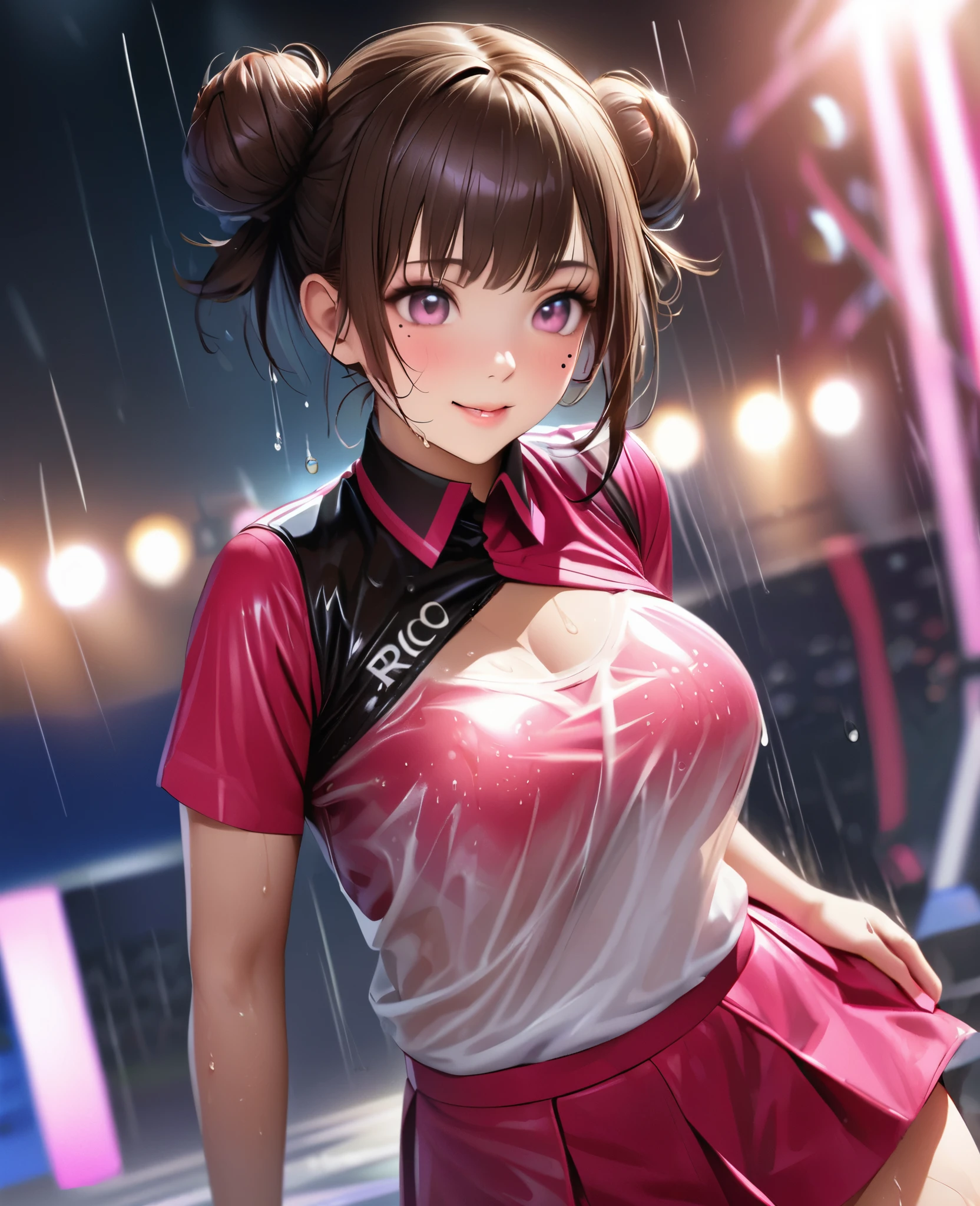 One Girl、Looking at the audience、lovely,
Beautiful pink eyes、Two brown double hair buns , Mole under the eye、Plump and glossy lips、Heart-shaped choca、Dance team uniforms、Her name is Rico,smile、ー、。.。.。.。.。.。.。.。.。.。.。.。.。.。.。.。.。.。.3D、Realistic、
Dance team uniforms was soaked in the heavy rain, and her chest was wet and transparent.Heavy rain at outdoor concert, Drape clothes、gem、The decoration has been removed、Floral、Lace trim,On a glittering stage、
masterpiece、highest quality、8k、Detailed skin texture、Detailed cloth texture、Beautifully detailed face、Intricate details、Very detailed、
超A high resolution、8k Ultra HD、Film Grain、Best Shadow、delicate、Gazing at the audience、front