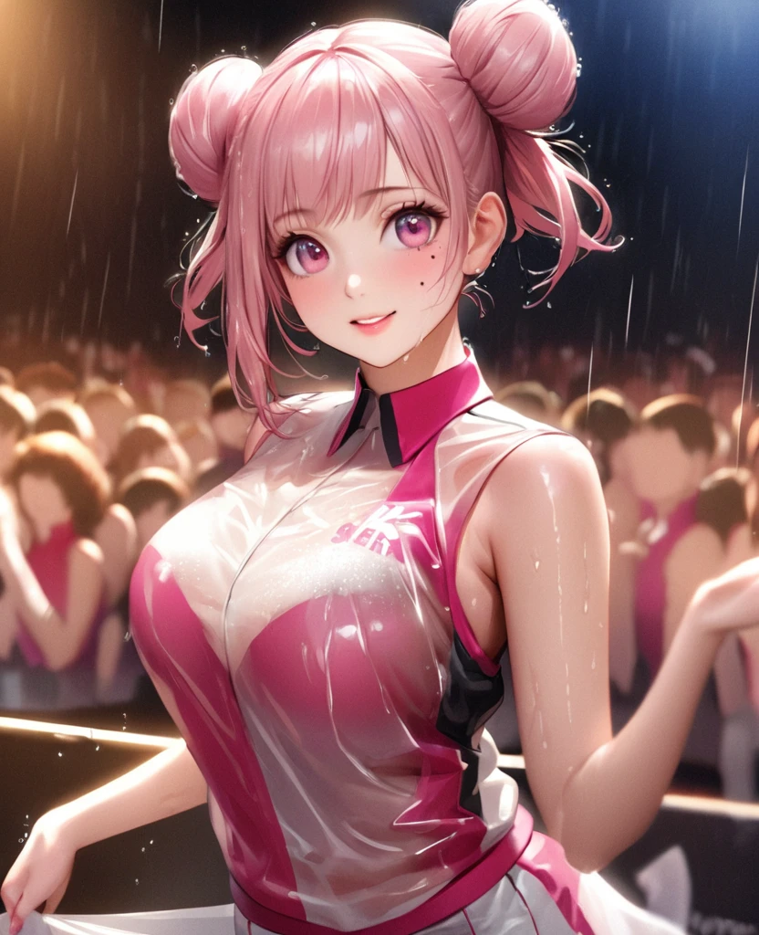 One Girl、Looking at the audience、lovely,
Beautiful pink eyes、Two brown double hair buns , Mole under the eye、Plump and glossy lips、Heart-shaped choca、Dance team uniforms、Her name is Rico,smile、ー、。.。.。.。.。.。.。.。.。.。.。.。.。.。.。.。.。.。.3D、Realistic、
Dance team uniforms was soaked in the heavy rain, and her chest was wet and transparent.Heavy rain at outdoor concert, Drape clothes、gem、The decoration has been removed、Floral、Lace trim,On a glittering stage、
masterpiece、highest quality、8k、Detailed skin texture、Detailed cloth texture、Beautifully detailed face、Intricate details、Very detailed、
超A high resolution、8k Ultra HD、Film Grain、Best Shadow、delicate、Gazing at the audience、front