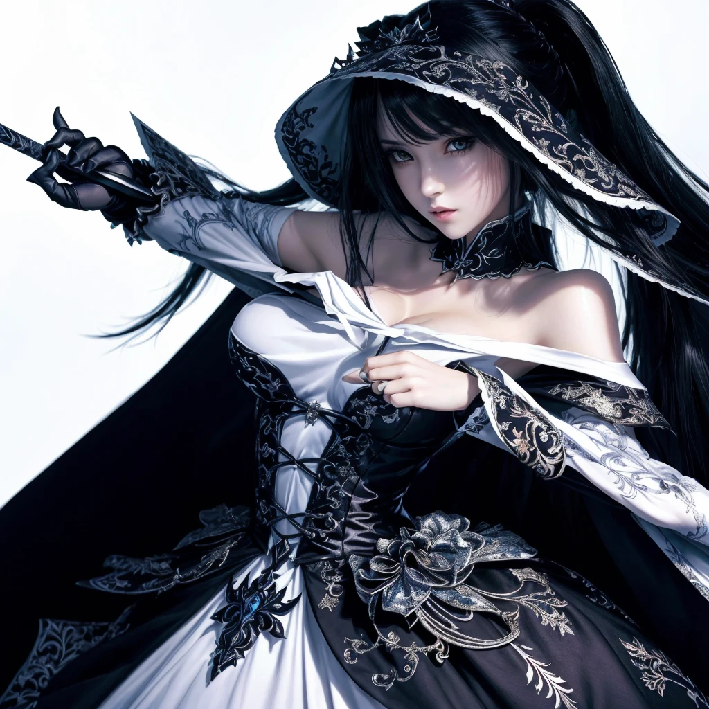 um close up de uma mulher em um vestido preto e branco segurando uma espada, belo anime de fantasia, Papel de parede de arte anime 4k, papel de parede de arte de anime 4k, arte de fantasia de anime, epic anime art, arte detalhada de anime, papel de parede de anime 4k, papel de parede de anime 4k, arte de estilo fantasia sombria, bela espada, gothic maiden anime girl, Papel de parede de anime 4K