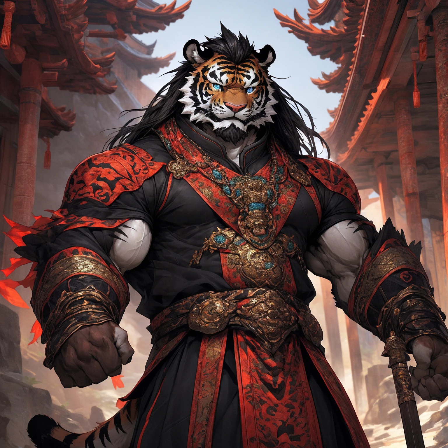 (黑色tiger),(黑色General战袍),Holding a spear,Powerful gesture,Stand confidently and proudly,(边塞Great Wall与沙漠戈壁为背景:1.2.Great Wall),abdominal muscles,Heroic Stance飒爽,完美的masterpiece,Various facial details,Long-term perspective,specific description,masterpiece,CG,(Light blue eyes),Light black pattern,Black tail,General,Heroic Stance,tiger,Red fur,Specific facial details,Half Body,(炎火General战履),(Chang Ling),((middle aged)),(Face Focus),(16K),HD,Red and white belly,temple,beard,(Face line),Different students,(Black shirt),(Light black hair),Strong,muscle,(high resolution:1.3),Chinese style general holding a long sword，Looking into the distance