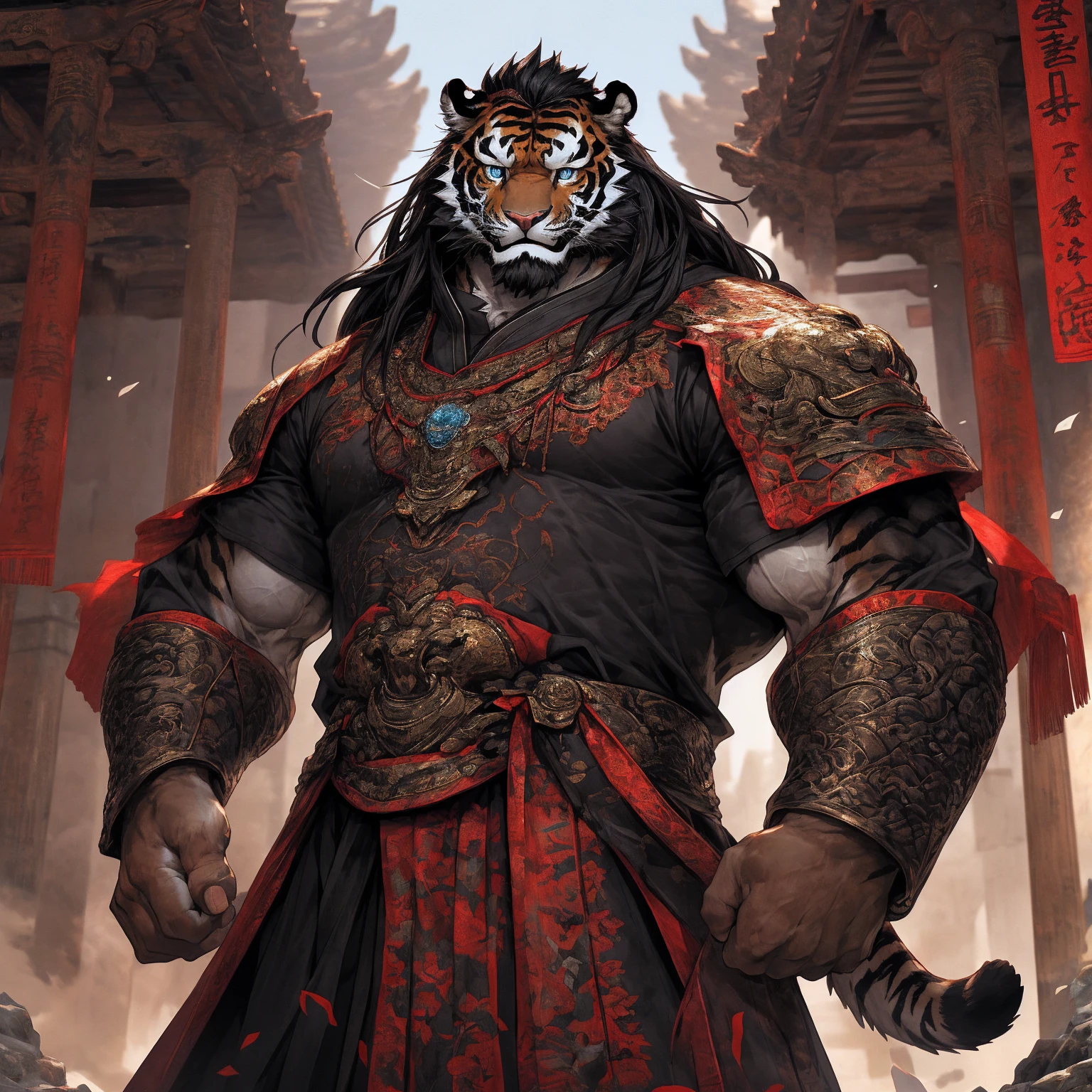 (黑色tiger),(黑色General战袍),Holding a spear,Powerful gesture,Stand confidently and proudly,(边塞Great Wall与沙漠戈壁为背景:1.2.Great Wall),abdominal muscles,Heroic Stance飒爽,完美的masterpiece,Various facial details,Long-term perspective,specific description,masterpiece,CG,(Light blue eyes),Light black pattern,Black tail,General,Heroic Stance,tiger,Red fur,Specific facial details,Half Body,(炎火General战履),(Chang Ling),((middle aged)),(Face Focus),(16K),HD,Red and white belly,temple,beard,(Face line),Different students,(Black shirt),(Light black hair),Strong,muscle,(high resolution:1.3),Chinese style general holding a long sword,Looking into the distance