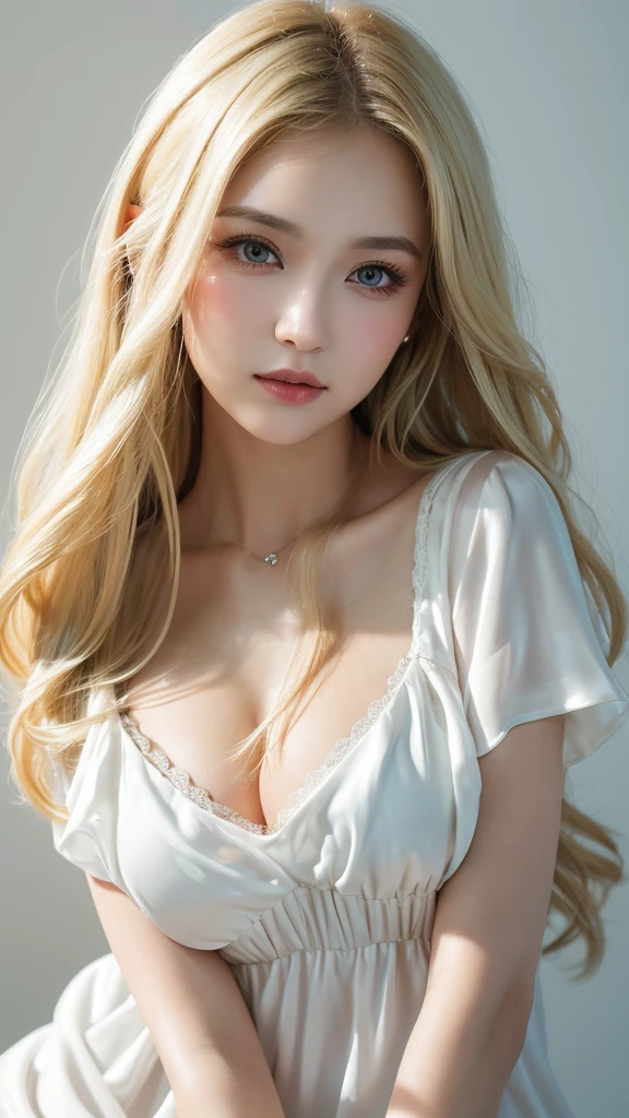 (((Blonde、forehead、long hair、White background、dress、Russia、Northern Europe、シンプルなWhite background、Light in face)))、masterpiece, Highest quality, 8k,, 20th Generation, (Large :1.2), Background is white, cute, alone, sad, close, cute, Girlish, Delicate girl, Pure beauty, RAW Photos, Professional photography, Portraiture, Soft Light, Professional Lighting, Upper Body, Sophisticated, Film Grain, (Eye and facial details:1.0) , Beautiful, flowing hair, Silk blouse,