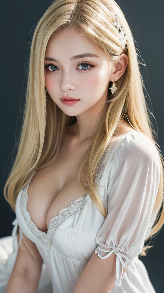 (((Blonde、forehead、long hair、White background、dress、Russia、Northern Europe、シンプルなWhite background、Light in face)))、masterpiece, Highest quality, 8k,, 20th Generation, (Large Breasts:1.2), Background is white,  cute, alone, sad, close, cute, Girlish, Delicate girl, Pure beauty,  RAW Photos, Professional photography, Portraiture, Soft Light, Professional Lighting, Upper Body, Sophisticated, Film Grain, (Eye and facial details:1.0) , Beautiful, flowing hair, Silk blouse,