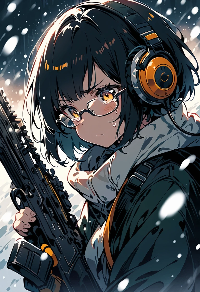 (extremely detailed fine touch:1.3), kawaii girl, (super very black short hair:1.3), (yellow glasses:1.3), underrim_metal, headphones, holding a rifle, falling snow, tearful, serious atmosphere, (snow:1.3)