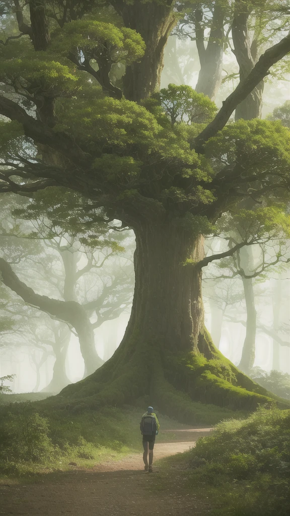 A mystical, misty forest filled with unique, bulbous trees with clusters of large green leaves, as two hikers venture through the eerie landscape.