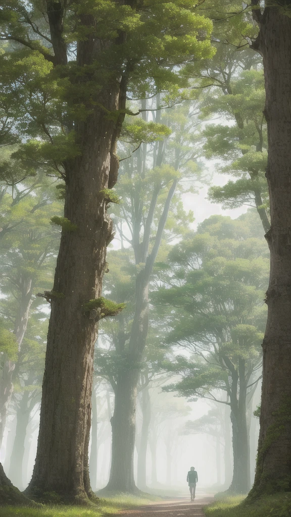 A mystical, misty forest filled with unique, bulbous trees with clusters of large green leaves, as two hikers venture through the eerie landscape.