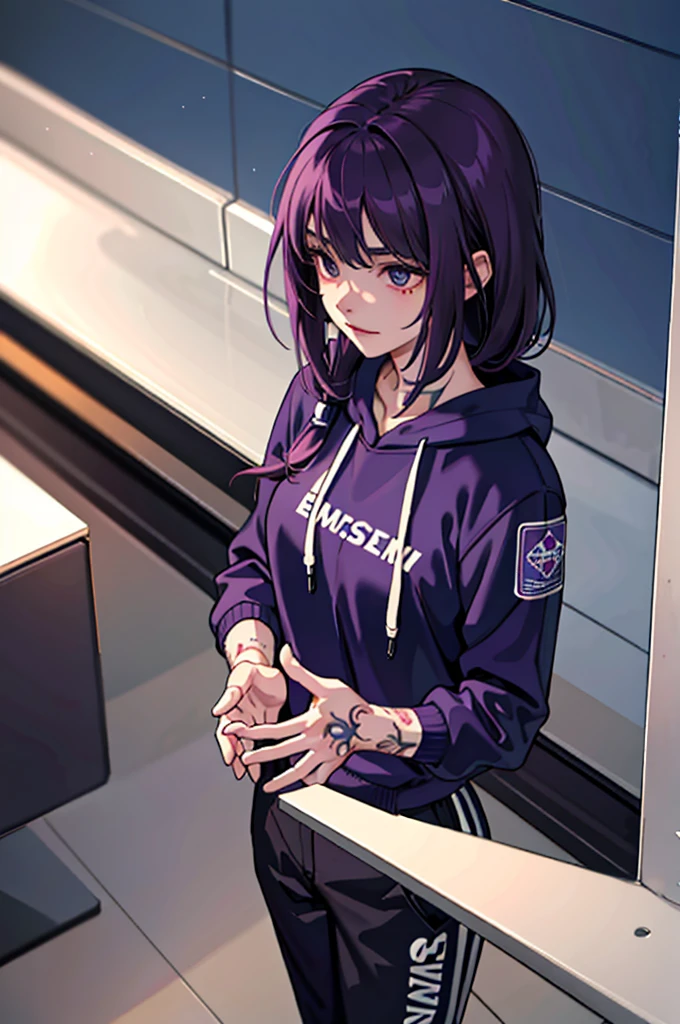 (masterpiece:1.2, best quality), (1girl, solo:1.2), crossed hands,straight pov, dark violet hair, white hoddie, sport pants, (tattoos), room, crossed hands,straight pov