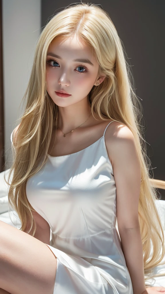 (((Blonde、forehead、long hair、White background、dress、Russia、Northern Europe、シンプルなWhite background、Light in face)))、masterpiece, Highest quality, 8k,, 20th Generation, (Large Breasts:1.2), Background is white, cute, alone, sad, close, cute, Girlish, Delicate girl, Pure beauty, RAW Photos, Professional photography, Portraiture, Soft Light, Professional Lighting, Upper Body, Sophisticated, Film Grain, (Eye and facial details:1.0) , Beautiful, flowing hair, Silk blouse,